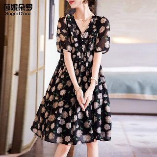 莎妮朵罗大码女装遮肚子胖女人波点显瘦收腰碎花雪纺连衣裙女a字夏19260 绿花色-7天 XL120-130斤穿着