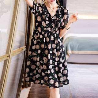 莎妮朵罗大码女装遮肚子胖女人波点显瘦收腰碎花雪纺连衣裙女a字夏19260 绿花色-7天 XL120-130斤穿着