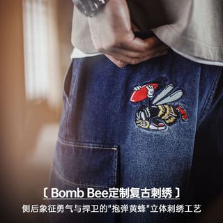 马登 MADEN工装 美式复古卡通刺绣五分裤男夏重磅水洗牛仔裤大口袋休闲短裤 水洗蓝
