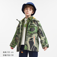 马骑顿 MQD童装男童中长款印花连帽风衣23字母时尚防水反光口袋上衣 绿花版 150 (XL)