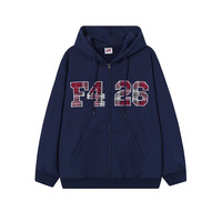 F426 国潮牌春季宽松大logo格子贴布绣卫衣外套 藏青色