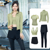 Olynsha速干瑜伽服套装女专业跑步运动房训练普拉提衣服晨跑服塑形操 浅蓝深蓝五件套 XL