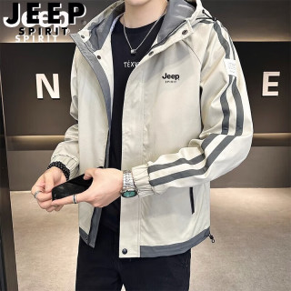 吉普高档夹克男春秋季新款防风工装百搭外套连帽帅气中青年男士上衣服 卡其色 XL 【建议135-160斤】