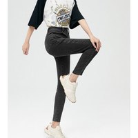 太平鸟蹦极弹牛仔裤女夏季新款高腰紧身修身九分黑色小脚裤子