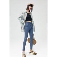 太平鸟蹦极弹牛仔裤女夏季高腰紧身修身九分黑色小脚裤子 L 牛仔蓝基础款