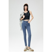 太平鸟蹦极弹牛仔裤女夏季高腰紧身修身九分黑色小脚裤子 L 牛仔蓝