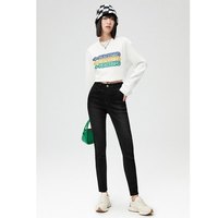 太平鸟蹦极弹牛仔裤女夏季高腰紧身修身九分黑色小脚裤子 黑色 XL