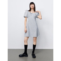 太平鸟印花牛仔连衣裙夏季新款满印胸前扭结泡泡袖裙子女 牛仔蓝 S