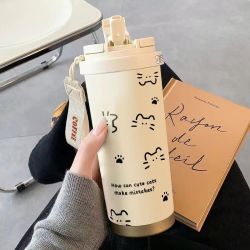 帝梵爵 DEFJOY 线条猫咪水杯大容量保温杯吸管喝水运动车载便携男女学生上学杯子