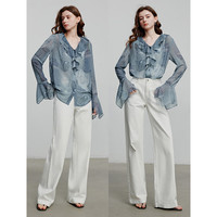 初语飘逸感牛仔印花衬衫女2025年春季喇叭袖小众气质V领长袖上衣 牛仔原色 L