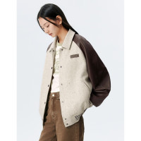 太平鸟 PU拼接棒球服外套女2024春装美拉德外套时尚高级棒球服 咖色 S