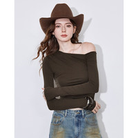 初语单肩斜肩修身T恤女2025年春季凉感长袖辣妹露肩短款上衣 深咖啡 S