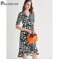 帕罗（PALUOPO）连衣裙真丝印花女装短袖法式V领真丝100%桑蚕丝中长裙子夏季新款 藏青