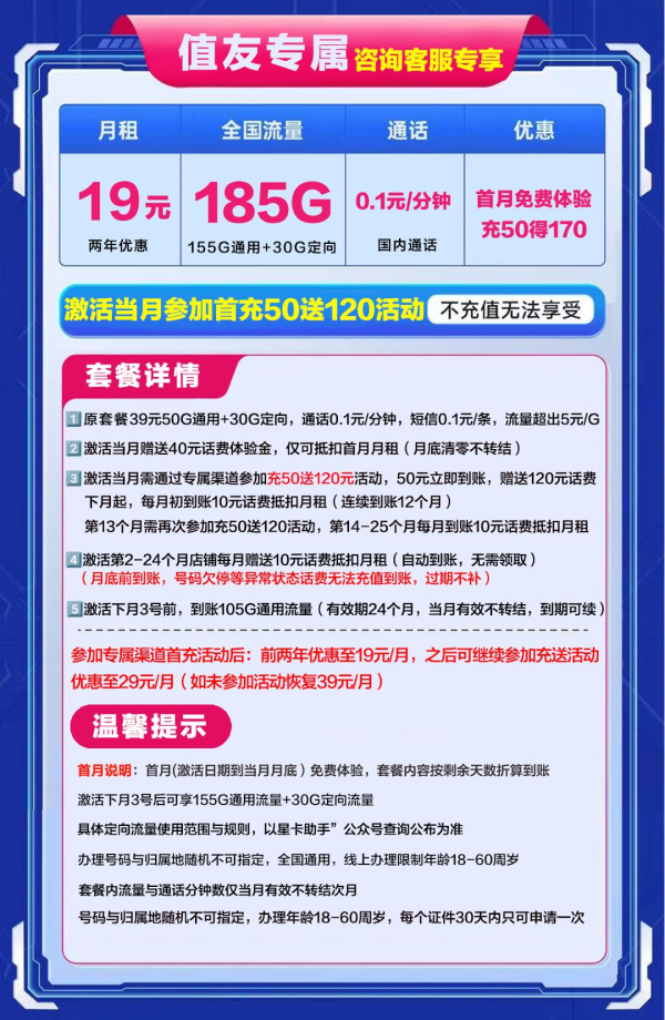 中国电信 值友专属卡 两年19元月租(自动返费+185G全国流量+首月免月租+值友专属)