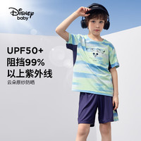 迪士尼（DISNEY）童装男童速干短袖套装防晒高弹T恤短裤两件套24夏DB421UE01蓝140 蓝绿晕染条