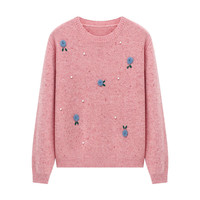Basic House/百家好冬季气质百搭宽松时尚刺绣休闲长袖针织毛衣女 粉 M