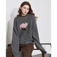 初语穿靴子的猫针织毛衣女2024年秋冬新款圆领宽松毛织衣减龄上衣 常规