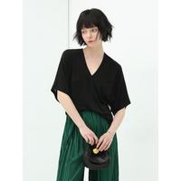 质感垂坠顺滑针织衫女气质百搭蝙蝠袖双V领五分袖T恤NTS13