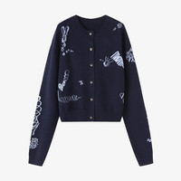 Basic House/百家好卡通刺绣开衫外套秋季绵羊毛圆领长袖针织衫女 藏青色 XL （120-130斤）