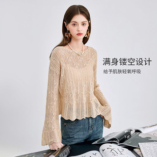 秋水伊人圆领针织衫2025春季女镂空喇叭袖短款小个子别致毛衣