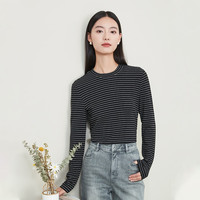逸阳针织条纹长袖打底衫女春秋圆领休闲慵懒风修身显瘦上衣 黑白条 XL (131-145斤)