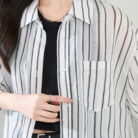 逸阳撞色条纹轻薄衬衫女夏休闲宽松短袖空调衫上衣 白+黑 XL