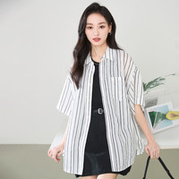 逸阳撞色条纹轻薄衬衫女夏休闲宽松短袖空调衫上衣 白+黑 M