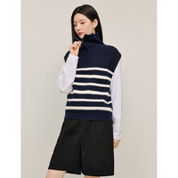 茵曼半拉链Polo领条纹背心毛衣冬季女装休闲无袖针织衫 宝蓝白条 S