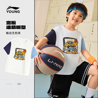 李宁 LI-NING童装短袖T恤男女小童2025透气宝宝小孩圆领印花夏季童装