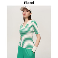 ELAND衣恋针织T恤女v领短袖条纹糖果色运动风上衣夏季城市新户外 藏青色(59)Navy XS