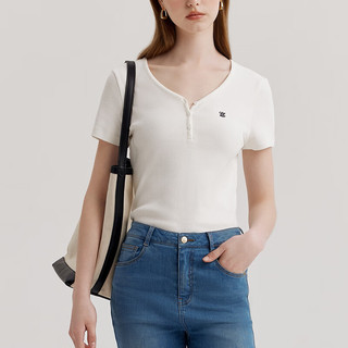ELAND衣恋T恤女V领半开襟格雷系修身显瘦上衣内搭2024夏季 白色(10)White M/165