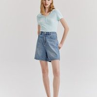 ELAND衣恋T恤女V领半开襟格雷系修身显瘦上衣内搭2024夏季 浅蓝色(51)L/Blue M/165