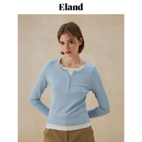 ELAND【95%棉】衣恋长袖T恤女学院风假两件罗纹v领上衣24秋季新款
