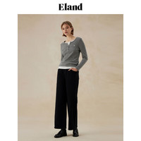 ELAND【95%棉】衣恋长袖T恤女学院风假两件罗纹v领上衣24秋季 蓝色(50)Blue S/160
