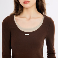 乐町美拉德美式复古假两件长袖T恤女2024秋季修身内搭打底衫 棕色 XS