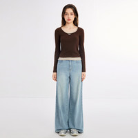 乐町美拉德美式复古假两件长袖T恤女2024秋季修身内搭打底衫 棕色 S