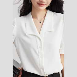 伯德小姐 蓝色翻领短袖衬衫女夏季法式职业通勤衬衣面试泡泡袖上衣 CS466 蓝色 L -适合110-120斤可穿