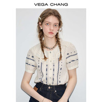 VEGA CHANG衬衫女2025新款夏季通勤百搭刺绣荷叶边泡泡袖短袖衬衣 豆乳米