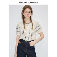 VEGA CHANG衬衫女2025夏季通勤百搭刺绣荷叶边泡泡袖短袖衬衣 豆乳米 L