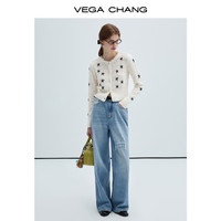 VEGA CHANG毛针织衫女2025年春秋季新款慵懒气质小个子刺绣针织开衫 奶油杏