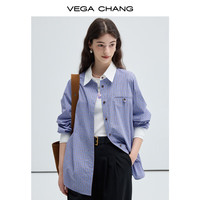 VEGA CHANG格子衬衫女2025年春秋季新款撞色翻领法式休闲长袖上衣