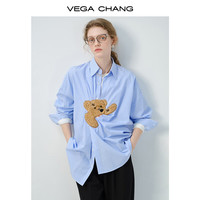 VEGA CHANG衬衫女2025春季可爱小熊百搭通勤休闲长袖上衣外套 条纹蓝 S