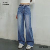 马登 MADEN美式洗水蓝毛边直筒牛仔裤纯棉休闲长裤宽松显瘦阔腿裤秋季女
