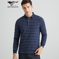 七匹狼长袖T恤男春季男士POLO保罗衫纯棉商务休闲条纹翻领体恤男装上衣 102(深蓝)-5388款 190/104A/XXXXL