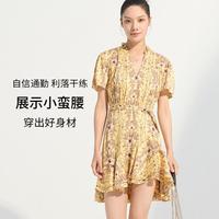 春季女士连衣裙复古花卉印花黄色战袍茶歇裙小个子