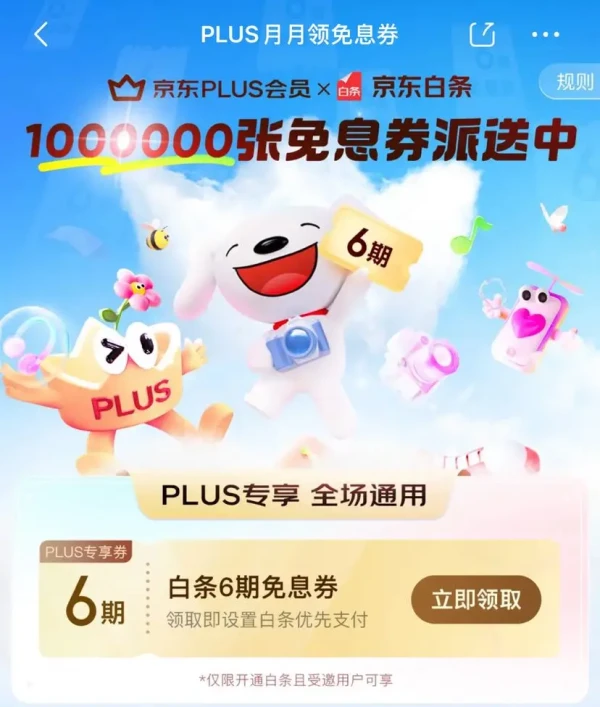 京东PLUS×白条专享免息 领6期白条免息券