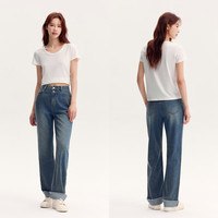 森马 Semir牛仔裤女卷边直筒裤春秋毛边酷飒长裤109524124002 30 牛仔蓝灰88401