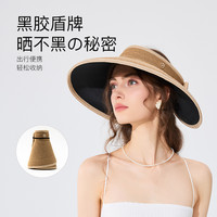 FANCET空顶帽女春夏撞色黑胶大帽檐草空顶防晒帽出游度假草帽