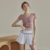 佑游瑜伽服女套装跑步运动紧身衣春夏上衣专业普拉提训练服 粉色短袖+白色短裤 L （115-130斤）