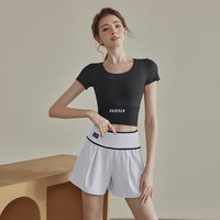 佑游瑜伽服女套装跑步运动紧身衣春夏上衣专业普拉提训练服 黑色短袖+白色短裤 S （80-95斤）